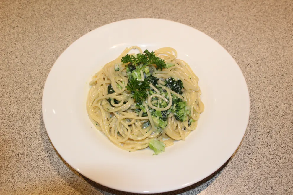 Ein weisser Teller mit Pasta und Brokkoli, appetitlich angerichtet.